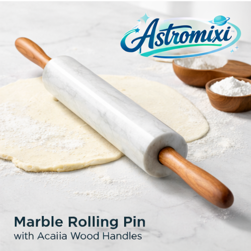 Astromixi™ Marble Rolling Pin with Acacia Wood Handles, Marble rolling pin, Premium rolling pin, Baking tools, Modern kitchen accessories, Acacia wood handles, Astromixi rolling pin